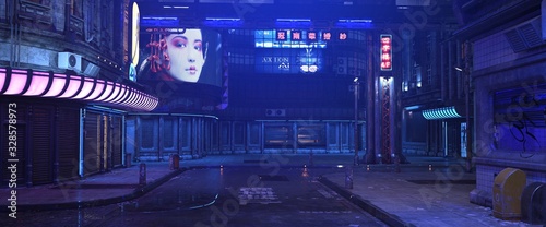 Blue neon night in a city of a future. Photorealistic 3d illustration of the futuristic street in the style of cyberpunk. Grunge urban landscape.
