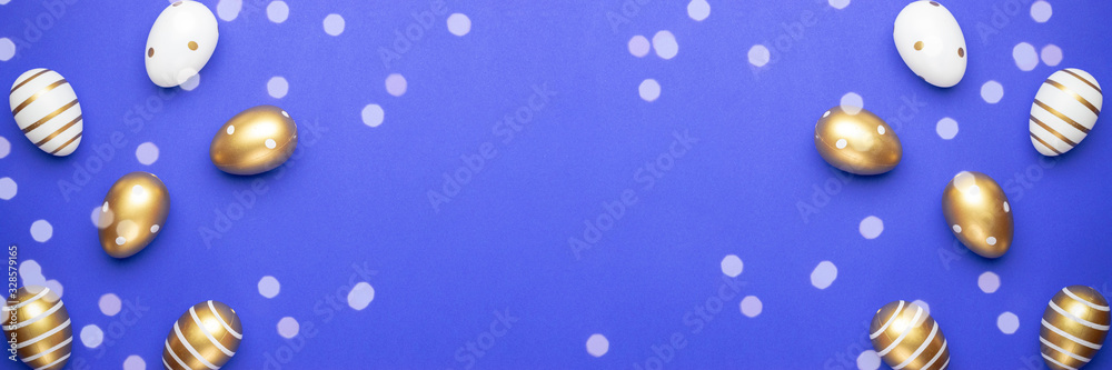 Easter basket eggs isolated on blue. For greeting card, promotion, poster, flyer, web-banner, article.