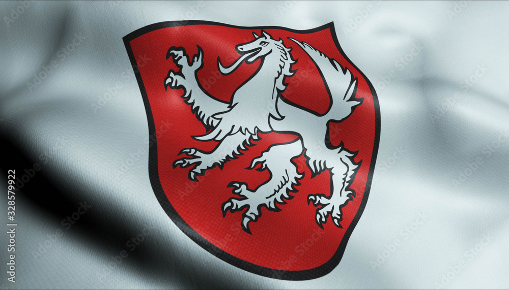 3D Waving Germany City Coat of Arms Flag of Hauzenberg Closeup View 3D Waving Germany City Coat of Arms Flag of Hauzenberg Closeup View