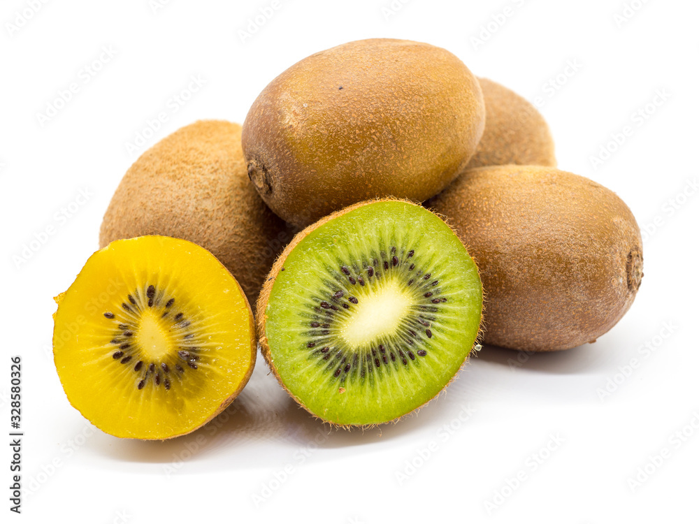 yellow and green kiwi whole fruit and sliced on white background yellow and green kiwi whole fruit and sliced on white background