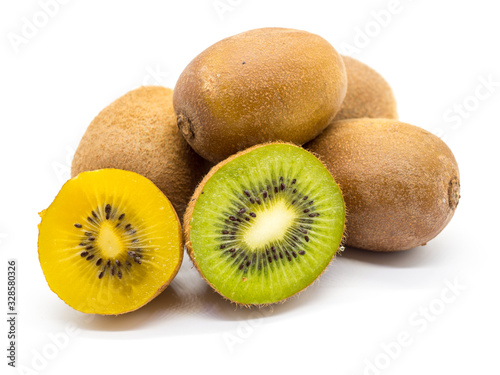 yellow and green kiwi whole fruit and sliced on white background