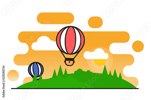 Air balloons flying in the sky, flat line style