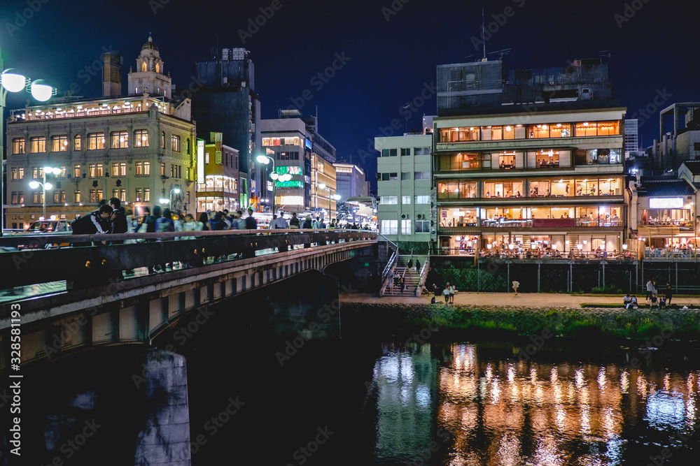 Kyoto downtown, Kamo river and traditional restaurants at night