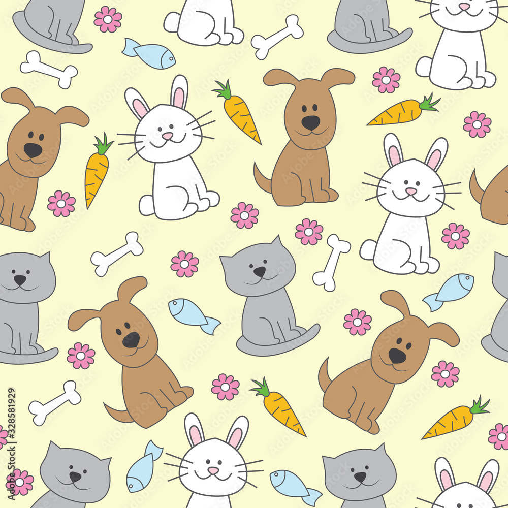 Seamless pattern with cute animals. Includes cat, dog and rabbit. It can be used for wallpapers, cards, patterns for clothes and other.