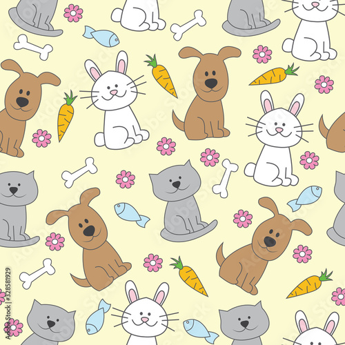 Seamless pattern with cute animals. Includes cat  dog and rabbit. It can be used for wallpapers  cards  patterns for clothes and other.