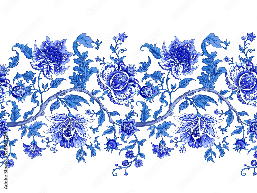 Seamless border with decorative baroque flowers