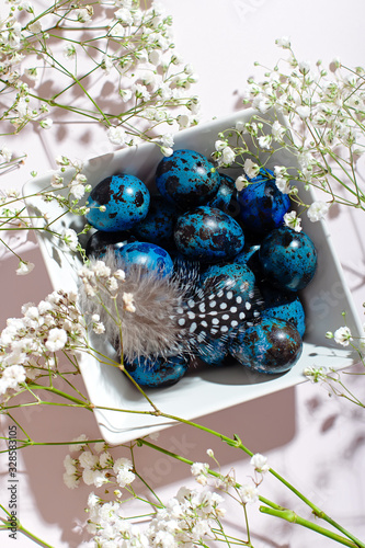 Easter creative card with quail eggs painted blue, feathers and gypsophila flowers flat lay, hard light, harsch shadows, copy space.
