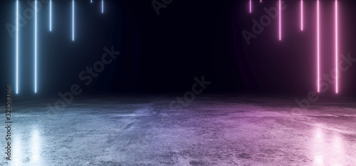 Abstract Shaped Sci Fi Futuristic Modern Vibrant Glowing Neon Purple Blue Laser Tube Lights In Long Dark Empty Grunge Texture Concrete Tunnel Background 3D Rendering