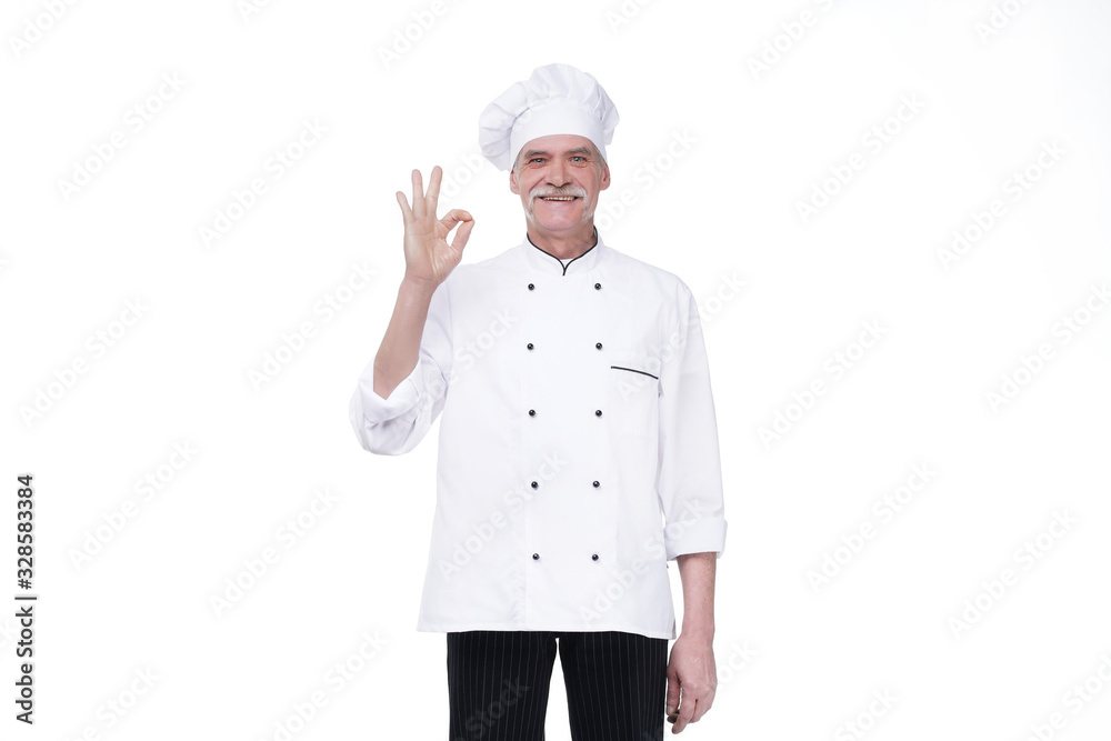 Elderly bearded professional chef senior man, posing with okay single, isolated over white background Elderly bearded professional chef senior man, posing with okay single, isolated over white background