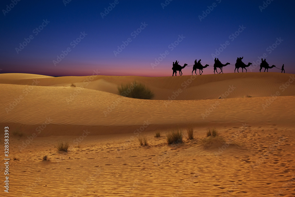 Camel caravan with tourists at sunset in Arabian Dessert
