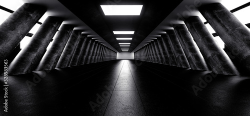 Modern Futuristic Sci Fi Empty Bright Long Corridor Tunnel With Dark Reflective Concrete Big Cylinder Columns With Blue Led Lights Space For Text Alienship 3D Rendering photo