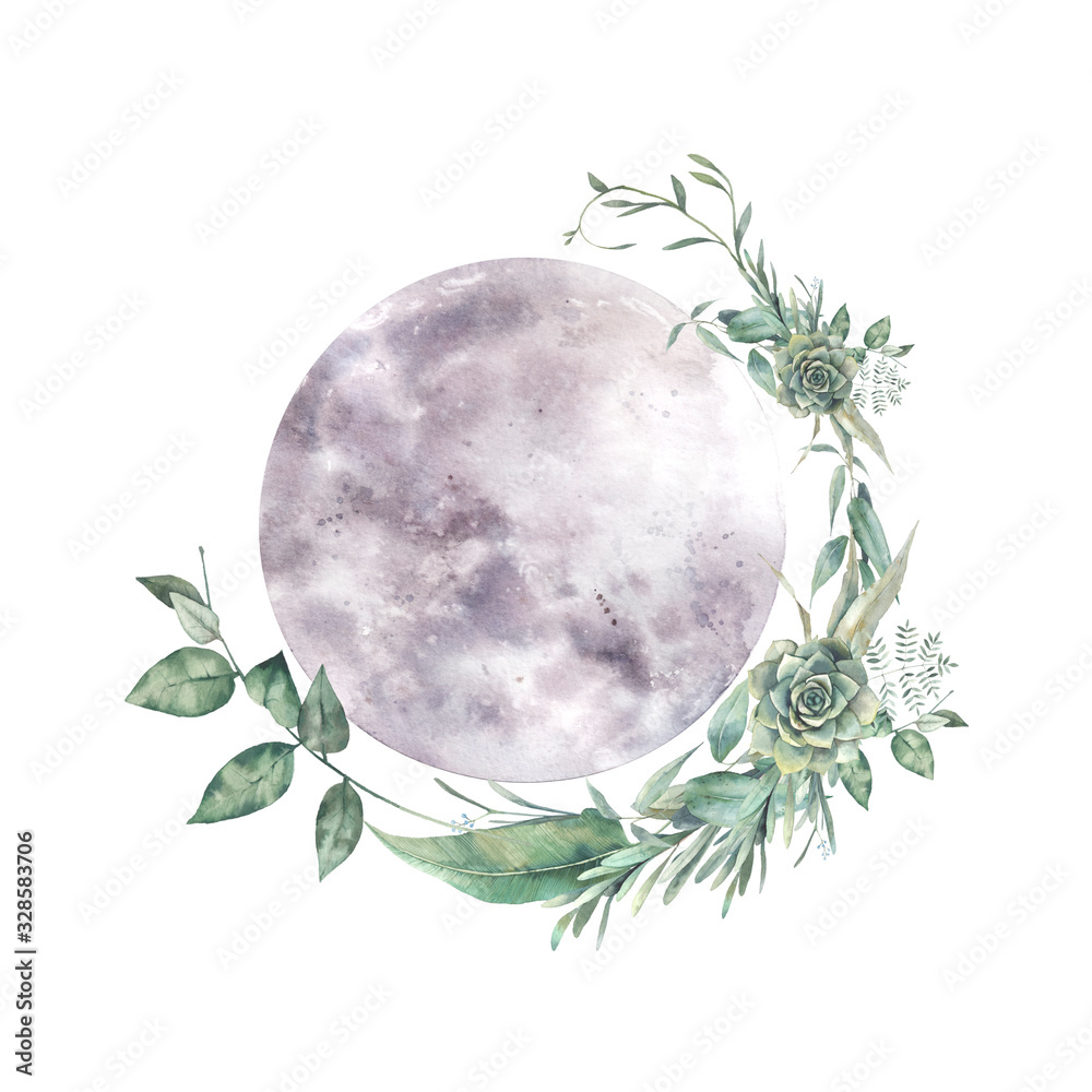 Watercolor moon and floral wreath Natural illustration for logo tattoo  banner sticker Isolated art on white background Stock Illustration   Adobe Stock