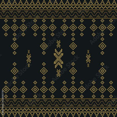 Seamless geometric ornamental vector pattern with dots gold color. Abstract background motif ulos. creative design cloth pattern. tribal ethnic design. Fabric print