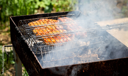 Barbecue. Steak meat on the grill. Street food.