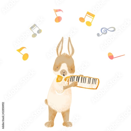 Cartoon animal playing music, rabbit, melodica 