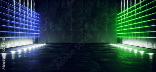 Dark Sci-Fi Empty Modern Futuristic Space Ship Tunnel Corridor With Grunge Reflective Concrete Texture Blue Green Neon Glowing Line Tubes Lights Background 3D Rendering