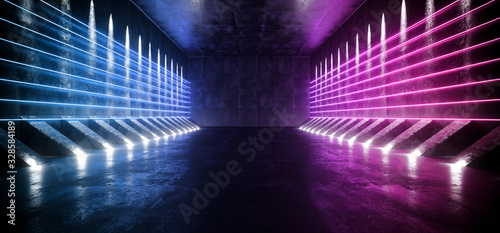 Dark Sci-Fi Empty Modern Futuristic Space Ship Tunnel Corridor With Grunge Reflective Concrete Texture Purple Blue Neon Glowing Line Tubes Lights Background 3D Rendering