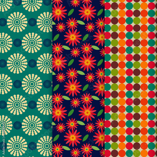 Tres patrones.  Dos patrones florales y uno con círculos