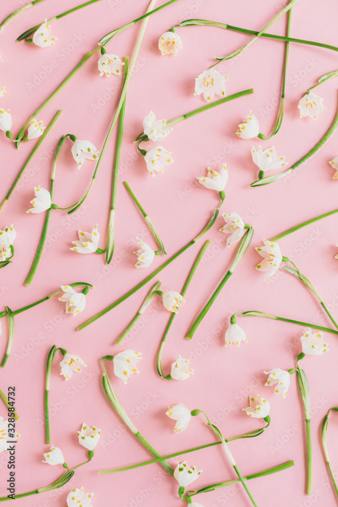 White spring flowers on pastel pink flat lay. Floral trendy pattern. Stylish spring greeting card. Happy womens day concept. Happy mothers day. Hello spring. Spring snowflake White spring flowers on pastel pink flat lay. Floral trendy pattern. Stylish spring greeting card. Happy womens day concept. Happy mothers day. Hello spring. Spring snowflake