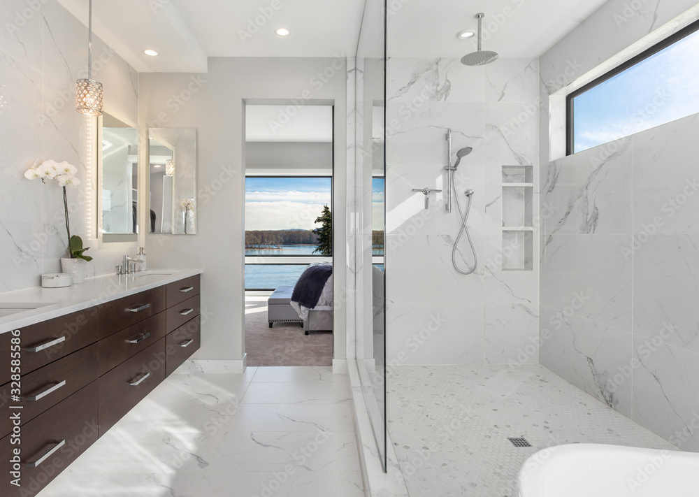 Beautiful master bathroom interior in new luxury home with walk-in ...