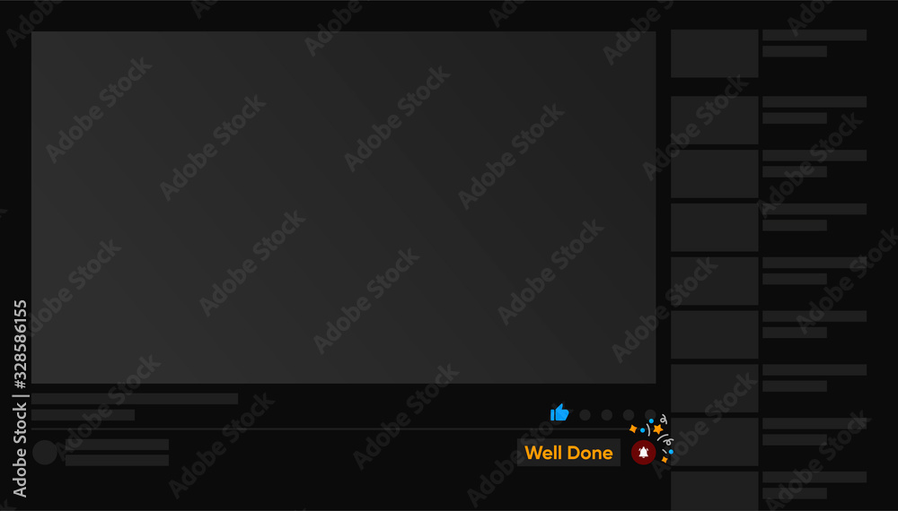 Like, subscribe, bell. Pre load interface by youtube style. Video blog creative template. Notification in video mock up. Well done for subscription. Dark theme tube. Vector illustration