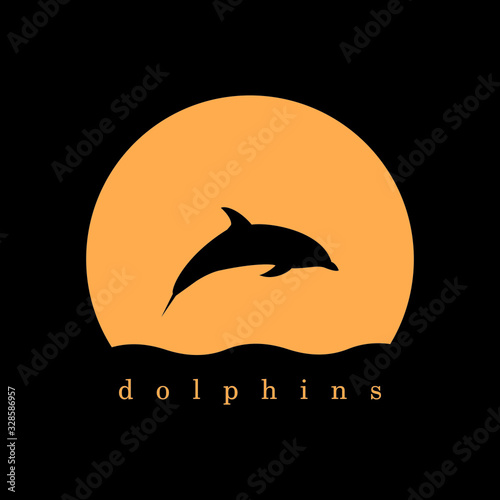 Dolphin logo featuring a graceful dolphin leaping over a stylized sunset, designed with smooth, flowing lines to evoke freedom, nature, and serenity—ideal for coastal, marine, or travel-themed brands.