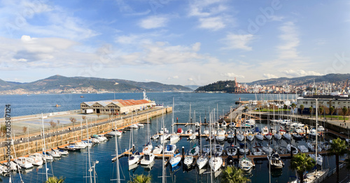 Panorama of Vigo estuary, marina of the Real Club Nautico Yacht Club and transatlantic dock. Pontevedra, Spain.