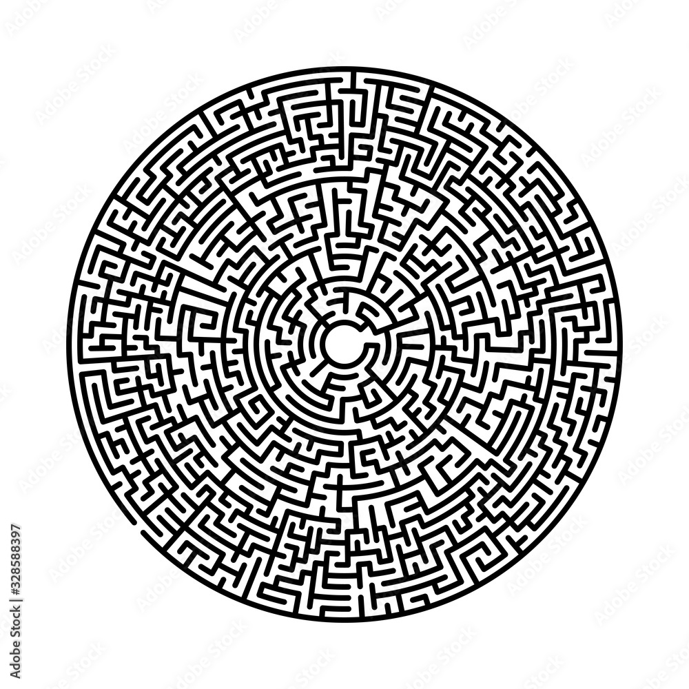 Difficult circle maze. Hard round vector labirinth. Vector black circle maze on white background. Education puzzle with search of solution. Circular isolated labirinth. A game for logic find way exit. Difficult circle maze. Hard round vector labirinth. Vector black circle maze on white background. Education puzzle with search of solution. Circular isolated labirinth. A game for logic find way exit.