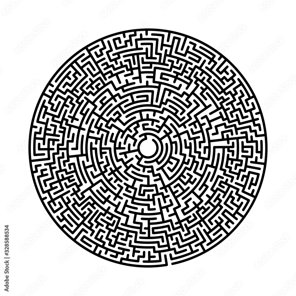 Difficult circle maze. Hard round vector labirinth. Vector black circle maze on white background. Education puzzle with search of solution. Circular isolated labirinth. A game for logic find way exit. Difficult circle maze. Hard round vector labirinth. Vector black circle maze on white background. Education puzzle with search of solution. Circular isolated labirinth. A game for logic find way exit.