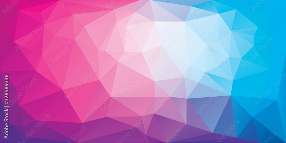 Polygonal background of triangles in pink and blue colors. Triangular banner template. Low poly mesh gradient in origami style. Vector eps8 illustration.