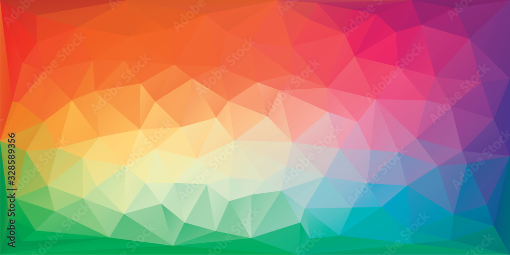 Triangular polygonal background in bright rainbow colors. Colorful banner template of irregular triangles. Spectrum gradient geometric backdrop in origami style. Vector eps8 illustration.