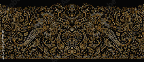 Vector seamless border pattern. Fantasy mermaid, octopus, fish, sea animals gold contour thin line drawing on a black background. Embroidery border, wallpaper, textile print, wrapping paper photo