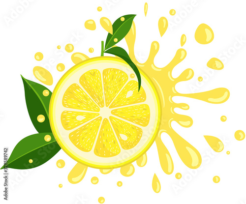 Splash juicy slice of lemon with green leaves