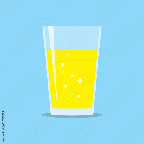 Glass three quarters filled of fresh sparkling juice. Flat icon isolated on light blue background. Yellow liquid in transparent container. Stylized vector eps10 illustration with transparency.