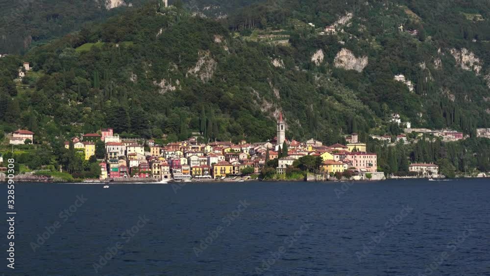 Drone low angle shot. Varenna, Lake Como, Italy. Tourism landmark & romantic honeymoon travel destination in Italy. Drone low angle shot. Varenna, Lake Como, Italy. Tourism landmark & romantic honeymoon travel destination in Italy.