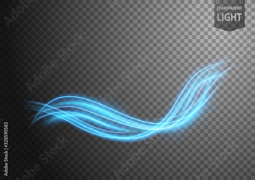 Abstract blue wavy line of light with a transparent background, isolated and easy to edit