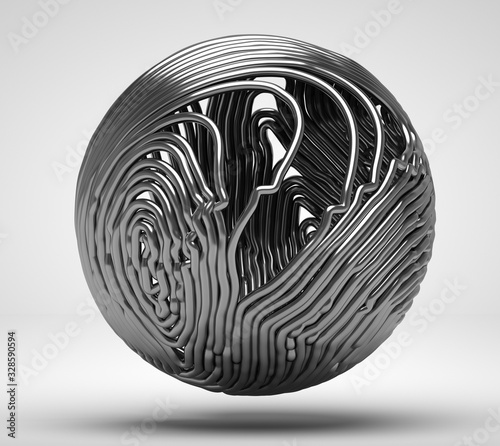 3d render of abstract art with surreal 3d ball based on curve wavy lines or metal silver cords in swirl pattern on white background