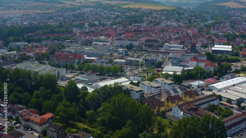 Aerial view from the old town of the city Bad Mergentheim. Very wide view of the city with slow descend. photo