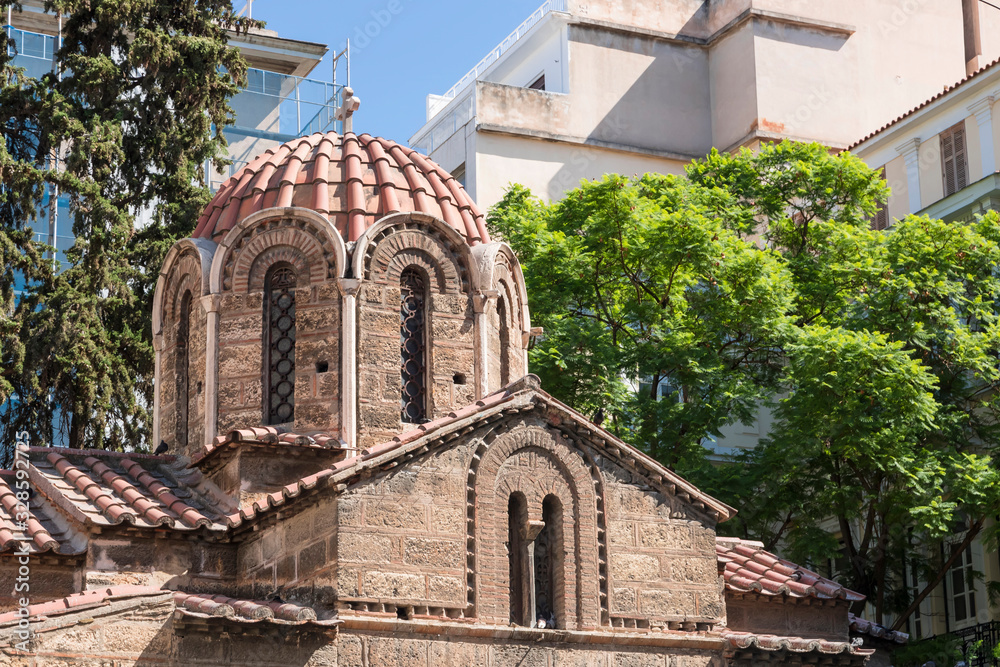 View of Church of Panagia Kapnikarea in Athens . Famous places in Athens - capital of Greece. Ancient monuments.