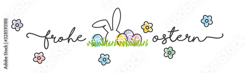 Happy Easter German language handwritten typography lettering text line design colorful bunny eggs grass white greeting card