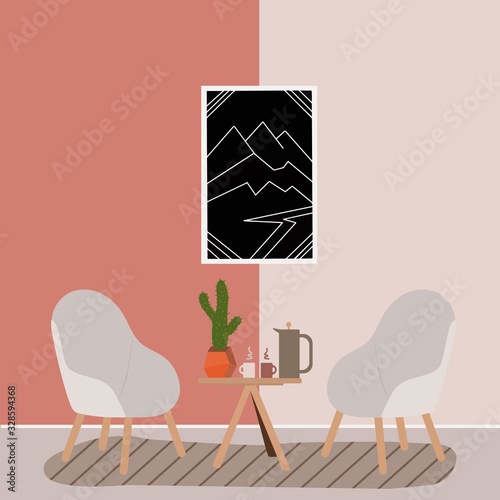 Scandinavian interior in Hygge style. interior stylish comfy furniture and home decoration, hugge table and Lounge chairs, cozy home concept. Cartoon vector illustration. Trendy Scandinavian style.