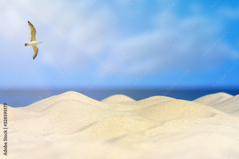 Naklejka premium Abstract seascape tropical beach background, blur bokeh light of calm sea, sky, rays of the sun and a seagull. Summer vacation background concept