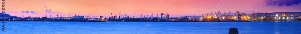 Coastal landscape, large panorama - view of the evening Port of Varna on the Black Sea coast of Bulgaria Coastal landscape, large panorama - view of the evening Port of Varna on the Black Sea coast of Bulgaria