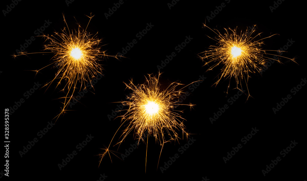 Set of new year, christmas or festive sparkler, sparkler firework candles isolated on black. Party dark background.