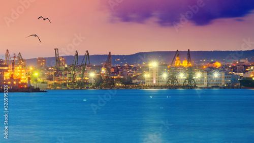 Coastal landscape - view of the evening Port of Varna on the Black Sea coast of Bulgaria