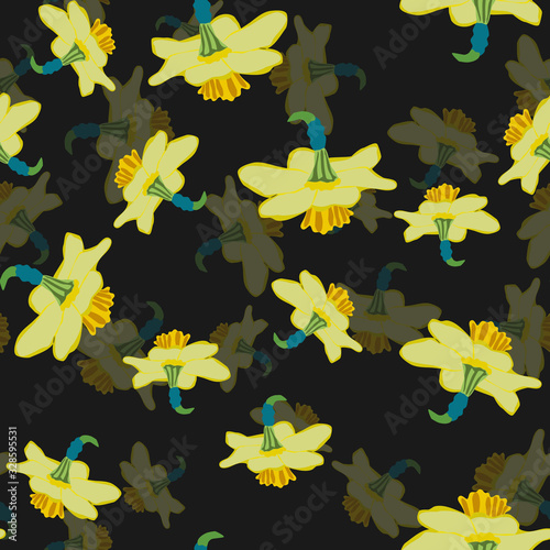 Daffodils volume effect seamless pattern on black background