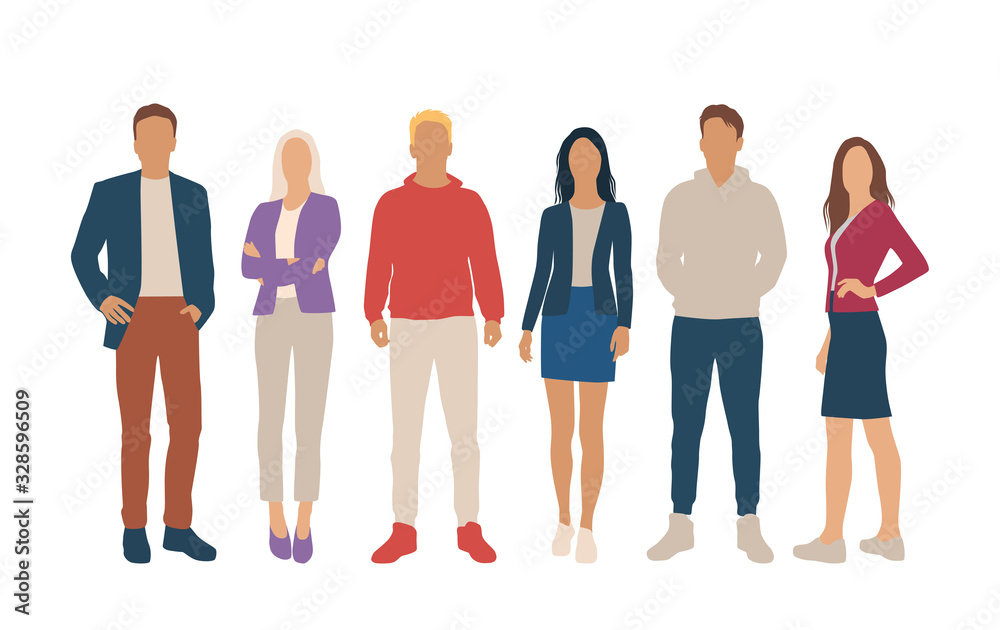 Obraz premium Set of men and women, different colors, cartoon character, group of silhouettes standing business people, flat icon design concept isolated on white background