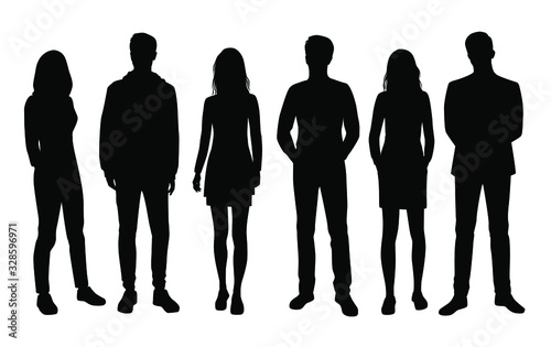Vector silhouettes of  men and a women, a group of standing  business people, black color isolated on white background