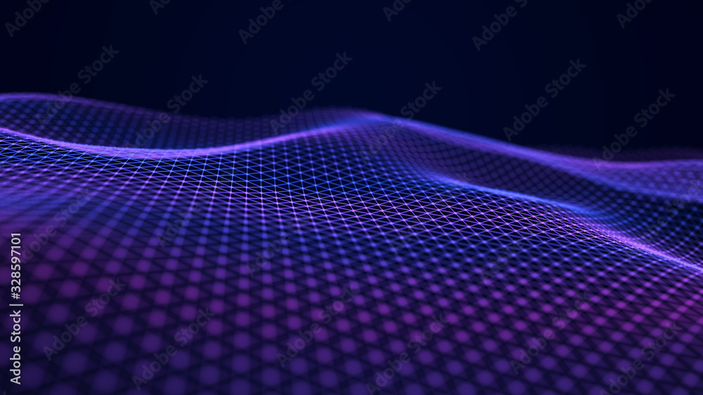 Futuristic background of dots and lines with a dynamic wave. Big data. 3d rendering.