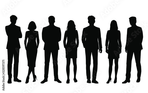Set of vector silhouettes of men and a women, a group of standing business people, black color isolated on white background
